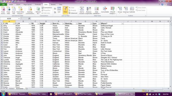 A screen shot of the Actresses page in my Casting Book, sorted by Last Name