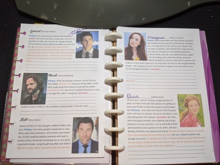 Character-development notes with photos of actor templates
